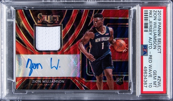 2019-20 Panini Select Red Wave Rookie Jersey Auto #ZWL Zion Williamson Signed Rookie Patch Card - PSA GEM MT 10